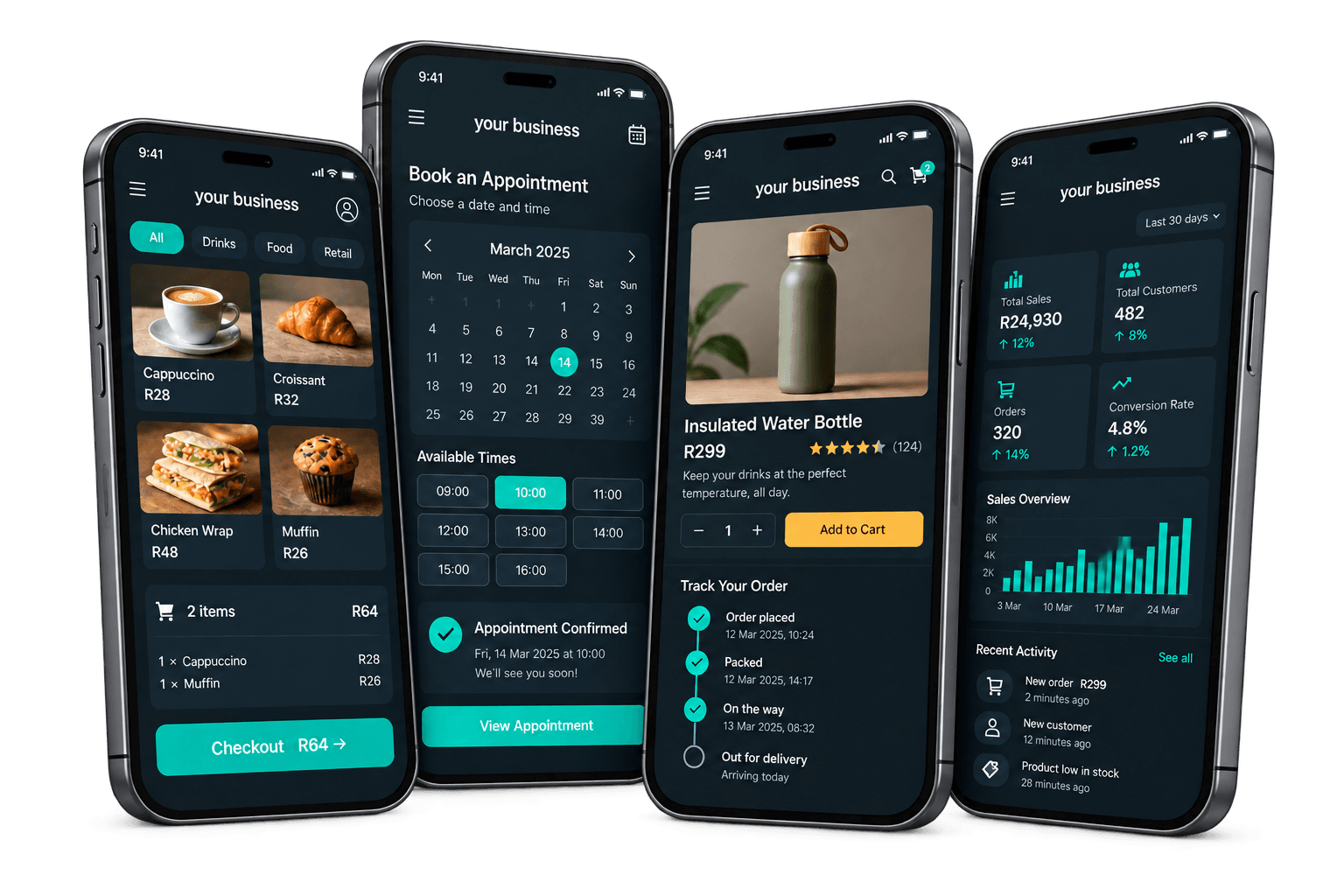 Mobile app screens for ordering, bookings, order tracking and sales reporting