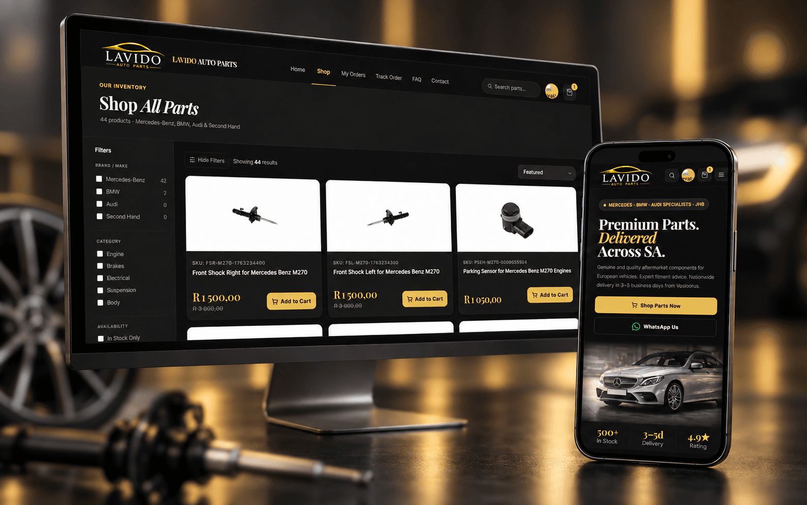 Lavido Auto Parts storefront on desktop and mobile, showing the parts catalogue